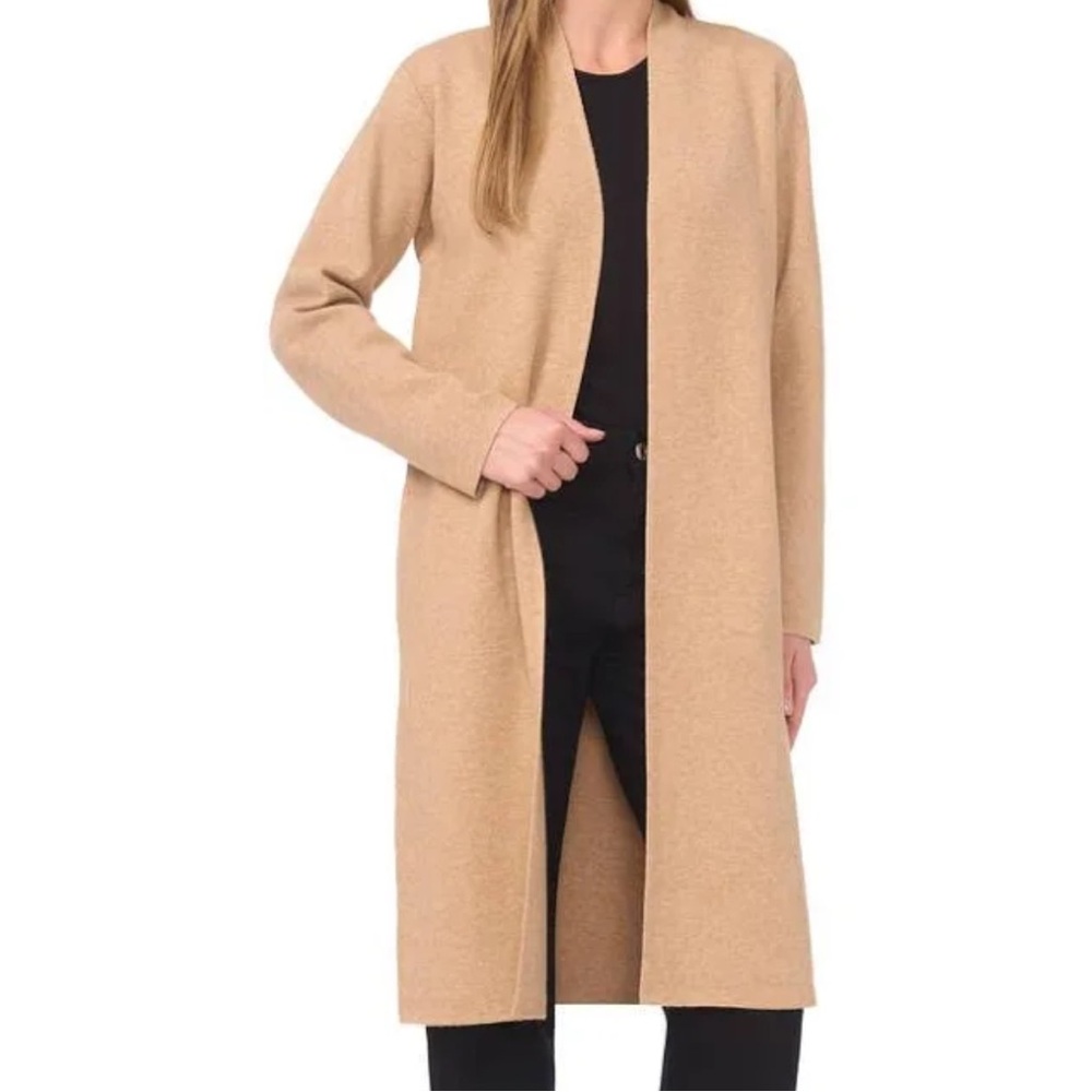 Halogen Cashmere Wool Blend Long Open Cardigan Duster Sweater Tan Camel Sz Small